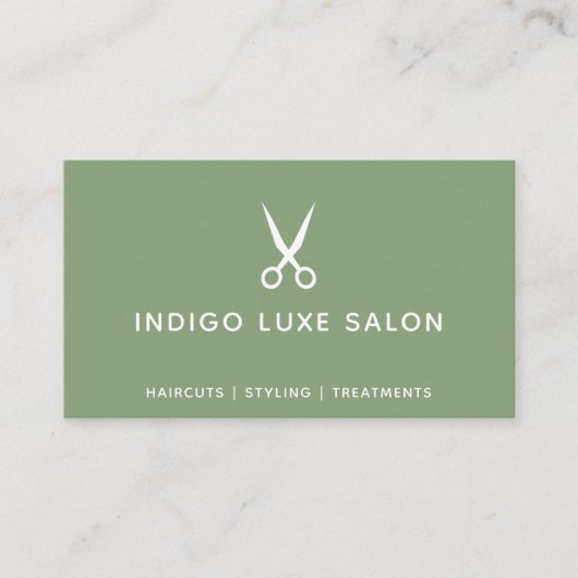 Hair Salon Haarstylist Modern Scissors Sage Green Visitekaartje (Voorkant)