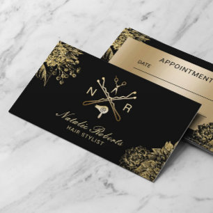 Hair Salon Modern Black & Gold Floral Benoeming Afsprakenkaartje