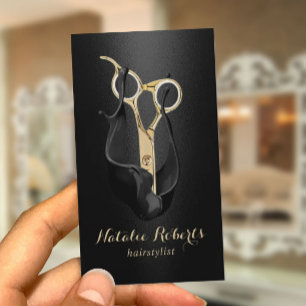 Hair Salon Modern Black Gold Scissor Hair Stylist Visitekaartje