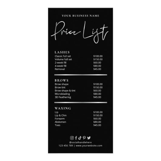 Hair Salon Nails Spa Black & Silver Glam Pricing Reclamekaart (Voorkant)
