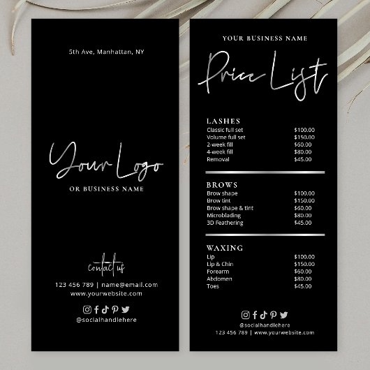 Hair Salon Nails Spa Black & Silver Glam Pricing Reclamekaart