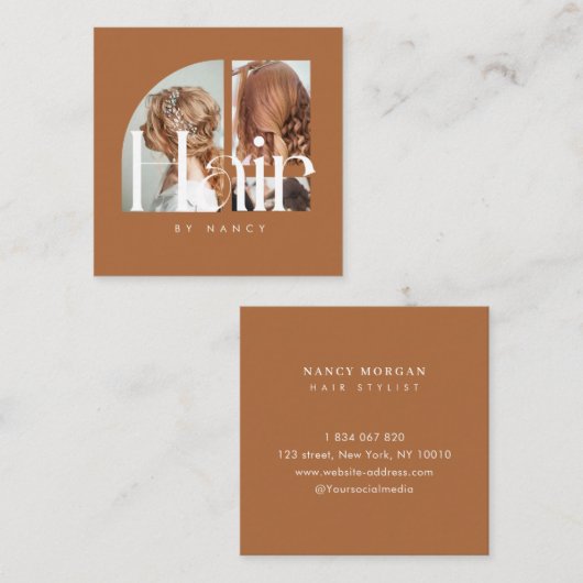 Hair Salon Photo Collage Terracotta  Vierkante Visitekaartje (Voorkant / Achterkant)