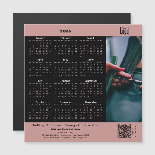 Hair Salon Pink Black 2026 Calendar Magnet (Voorkant / Achterkant)