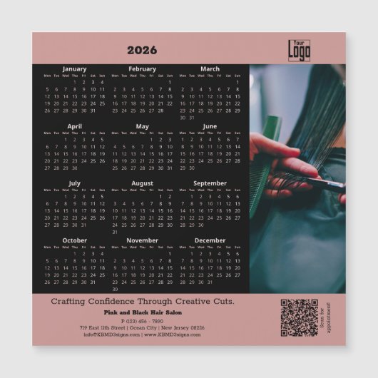 Hair Salon Pink Black 2026 Calendar Magnet (Voorkant)