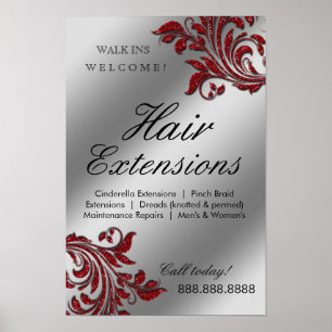 Hair Salon Poster Silver Red Leaves Sparkle