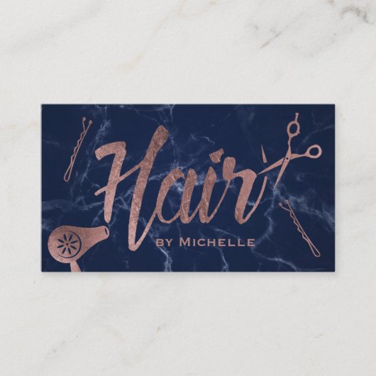 Hair Salon Roos Gold Typography Navy Blue Marble Visitekaartje (Voorkant)