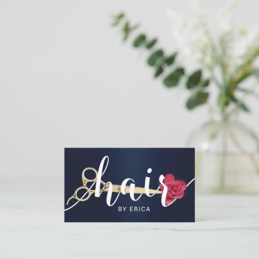 Hair Salon Scissor & Flower Typography Navy Blue Visitekaartje (Staand voorkant)