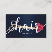 Hair Salon Scissor & Flower Typography Navy Blue Visitekaartje (Voorkant)