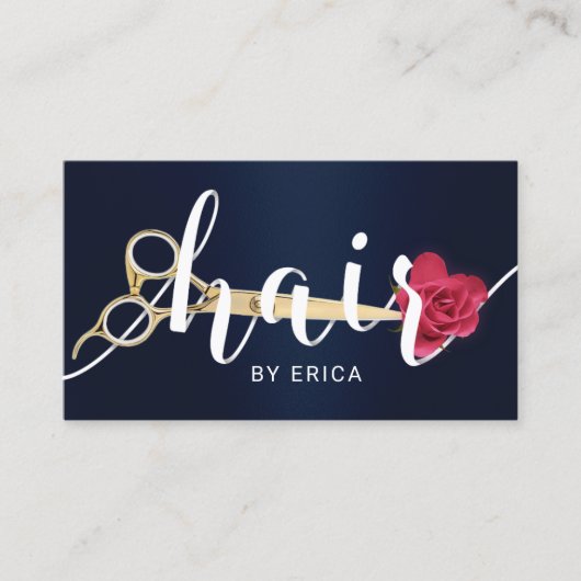 Hair Salon Scissor & Flower Typography Navy Blue Visitekaartje (Voorkant)
