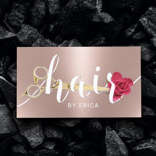 Hair Salon Scissor & Flower Typography Roos Gold Visitekaartje