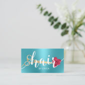 Hair Salon Scissor & Flower Typography Turquoise Visitekaartje (Staand voorkant)