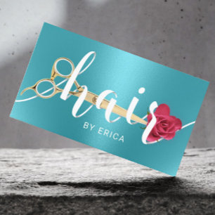 Hair Salon Scissor & Flower Typography Turquoise Visitekaartje