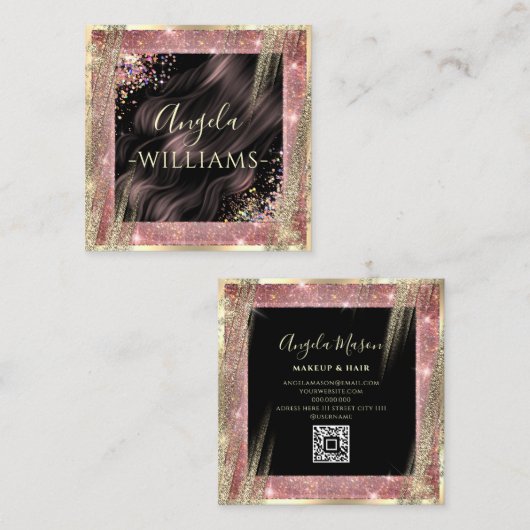 Hair Salon Specialized QR Code Black en Gold Vierkante Visitekaartje (Voorkant / Achterkant)