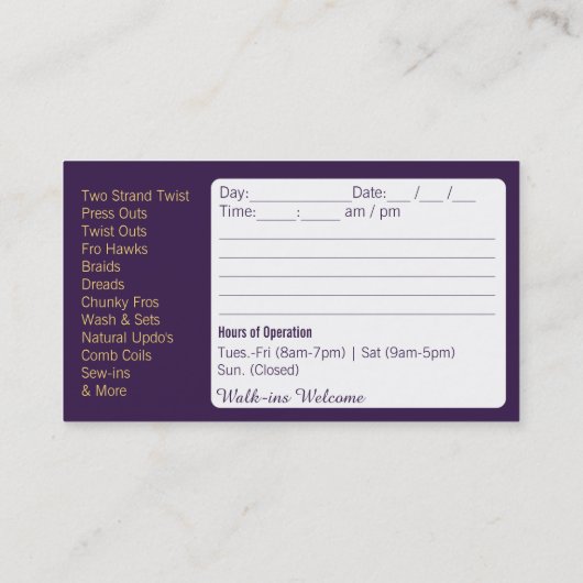 Hair Salon Stylist African American Appointment Afsprakenkaartje (Achterkant)