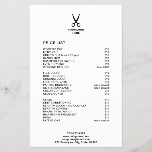 Hair Salon voeg de prijslijst van het Menu Service (Voorkant)