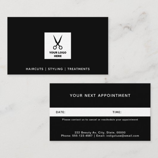 Hair Salon Voeg je Logo zwart toe Afsprakenkaartje (Voorkant / Achterkant)