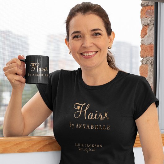 Hair salon werknemer gepersonaliseerd zwart en gou t-shirt