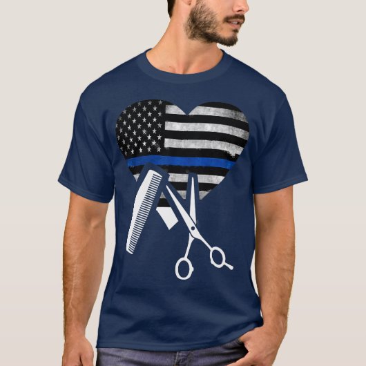 Hair Stylist American Flag Heart Thin Blue Line T-shirt (Voorkant)