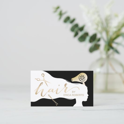 Hair Stylist Beauty Girl Black & Gold Appointes Afsprakenkaartje (Staand voorkant)