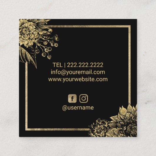 Hair Stylist Beauty Salon Black & Gold Botanical Vierkante Visitekaartje (Achterkant)
