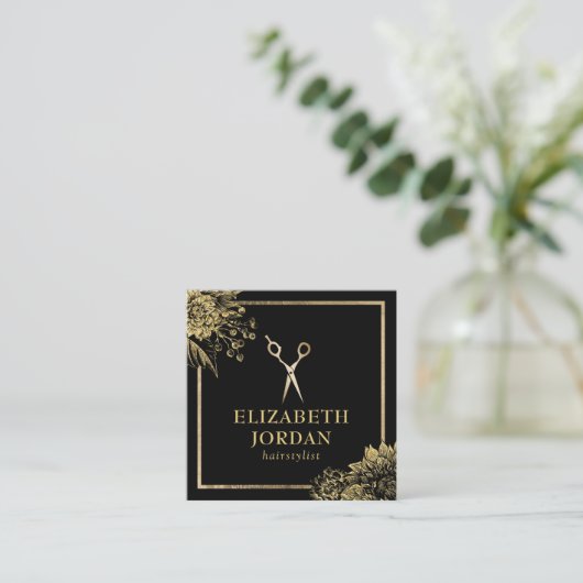 Hair Stylist Beauty Salon Black & Gold Botanical Vierkante Visitekaartje (Staand voorkant)
