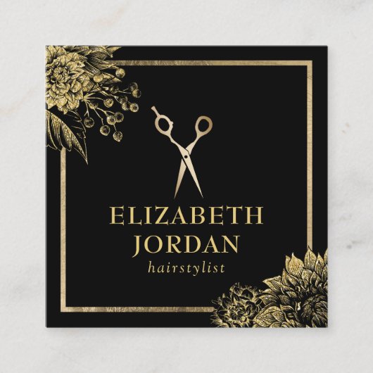 Hair Stylist Beauty Salon Black & Gold Botanical Vierkante Visitekaartje (Voorkant)