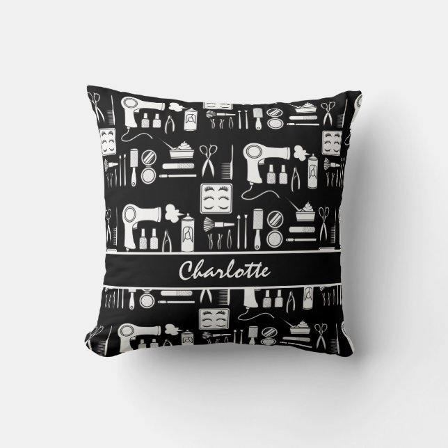 Hair Stylist Beauty Salon Black White Pattern Kussen (Voorkant)