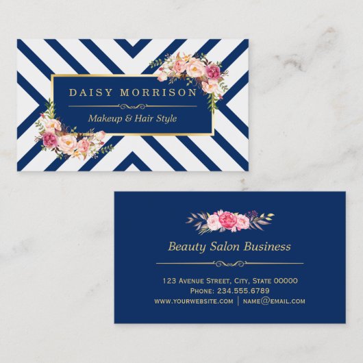 Hair Stylist Beauty Salon Gold Floral Navy Blue Visitekaartje (Voorkant / Achterkant)