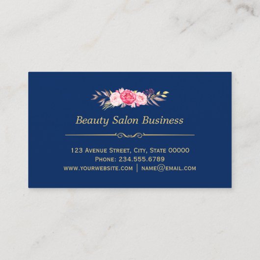 Hair Stylist Beauty Salon Gold Floral Navy Blue Visitekaartje (Achterkant)