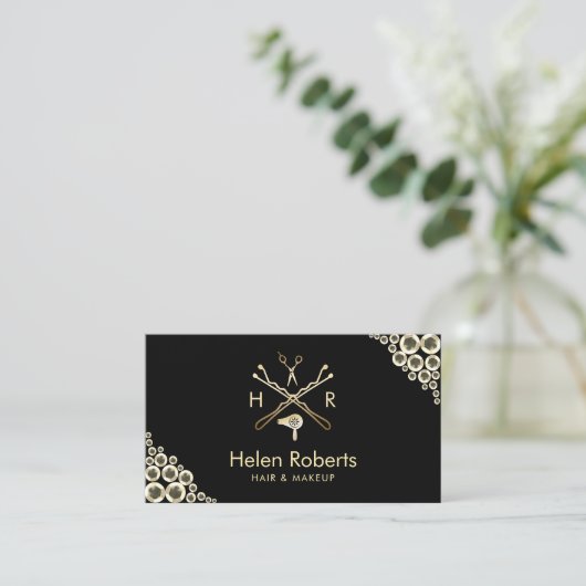 Hair Stylist Beauty Salon Logo Modern Gold Sequins Visitekaartje (Staand voorkant)
