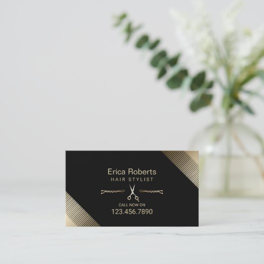 Hair Stylist Beauty Salon Modern Black & Gold Visitekaartje (Staand voorkant)