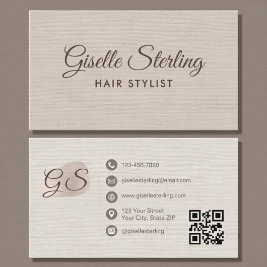Hair Stylist Beige Linen Modern Elegant QR Code Visitekaartje