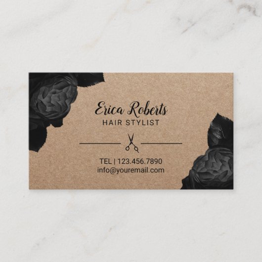 Hair Stylist Black Floral Rustic Kraft Appointment Afsprakenkaartje (Voorkant)