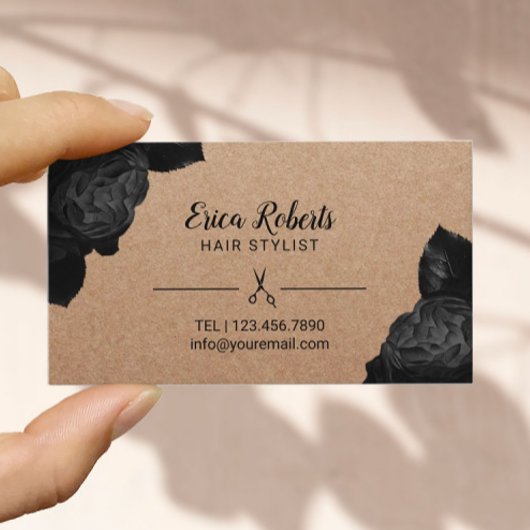 Hair Stylist Black Floral Rustic Kraft Appointment Afsprakenkaartje