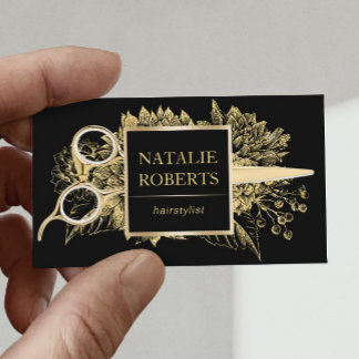 Hair Stylist Black & Gold Floral Beauty Salon Visitekaartje