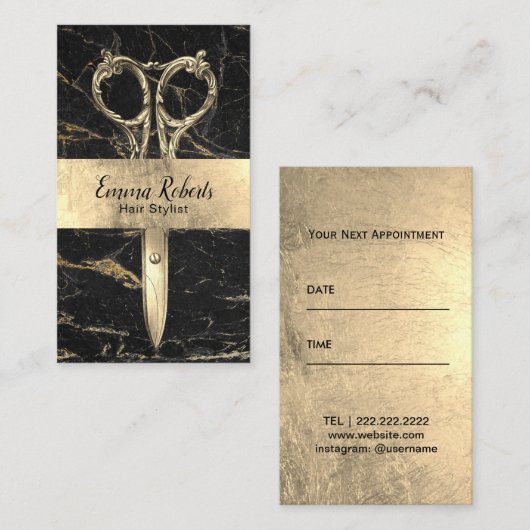 Hair Stylist Black & Gold Marble Salon Appointment Afsprakenkaartje (Voorkant / Achterkant)