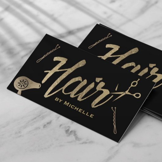 Hair Stylist Black & Gold Typography Beauty Salon Visitekaartje