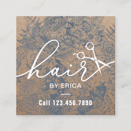 Hair Stylist  Blue Floral Rustic Kraft Vierkante Visitekaartje (Voorkant)