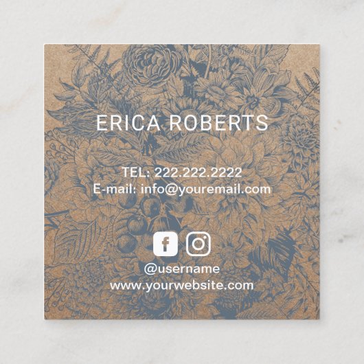 Hair Stylist  Blue Floral Rustic Kraft Vierkante Visitekaartje (Achterkant)