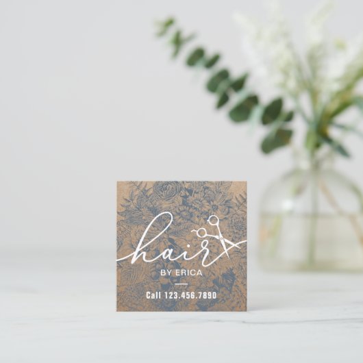 Hair Stylist  Blue Floral Rustic Kraft Vierkante Visitekaartje (Staand voorkant)
