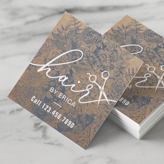Hair Stylist  Blue Floral Rustic Kraft Vierkante Visitekaartje