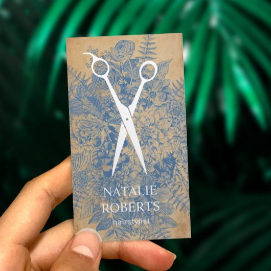 Hair Stylist Blue Floral Rustic Kraft Visitekaartje