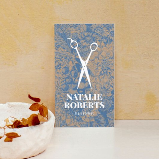 Hair Stylist  Blue Floral Rustic Kraft Visitekaartje