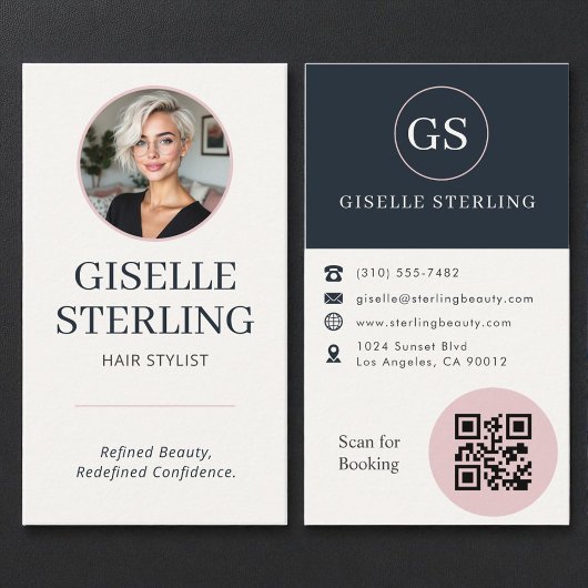 Hair Stylist Blush & Navy Photo QR Code  Visitekaartje