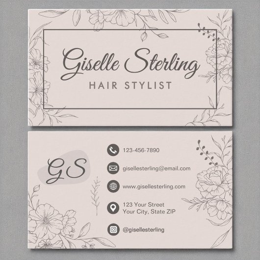 Hair Stylist Blush Pink Floral Line Art Script Visitekaartje