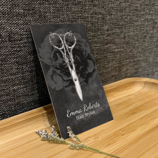 Hair Stylist Chic Scissor Dark Floral Chalkboard Visitekaartje