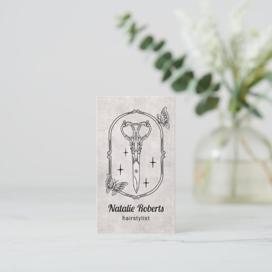 Hair Stylist Cute Scissor & Butterflies QR Code Visitekaartje (Staand voorkant)