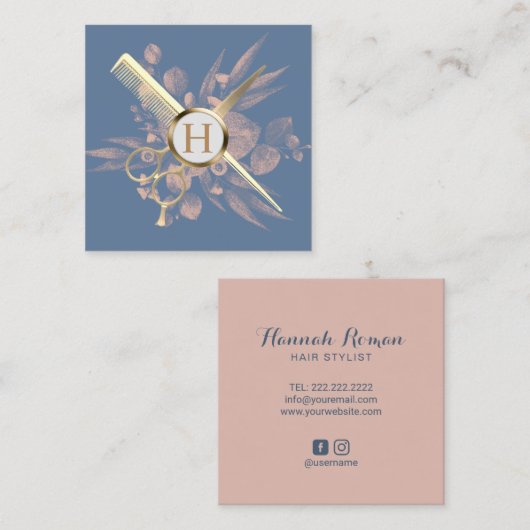 Hair Stylist Dusty Blue & Pink Botanical Salon Vierkante Visitekaartje (Voorkant / Achterkant)