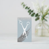 Hair Stylist Dusty Blue & Silver Glitter Salon Visitekaartje (Staand voorkant)