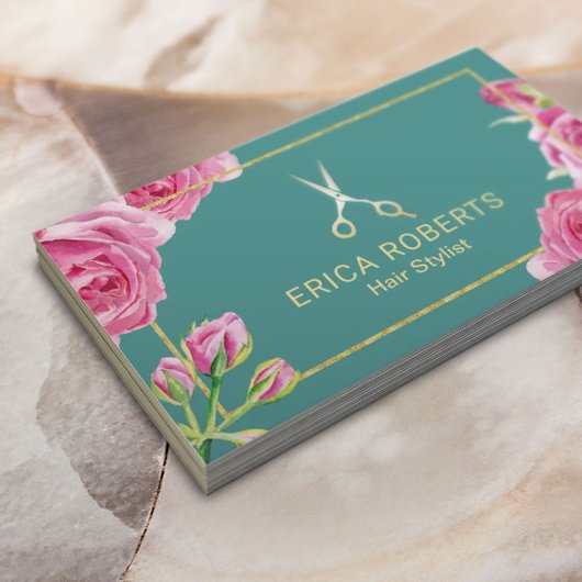 Hair Stylist Elegant Floral Gold Scissor Salon Visitekaartje